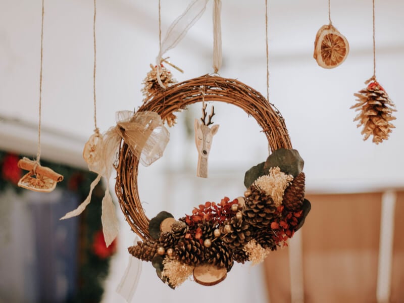 hanging Christmas wreath and ornaments